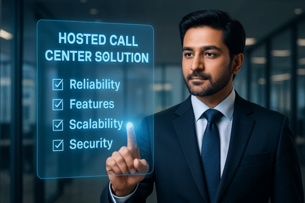 Is a Hosted Call Center Solution Right for You? Indian business manager using holographic call center solution interface.