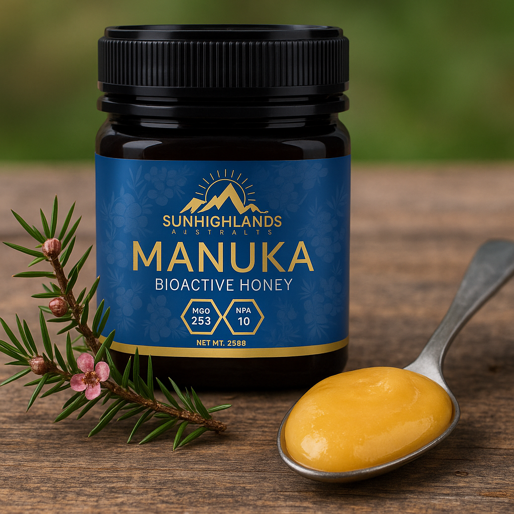 A jar of Sunhighlands Manuka Bioactive Honey (MGO 253, NPA 10) sits on a wooden surface next to a spoonful of honey and a sprig of flowering Manuka plant.
