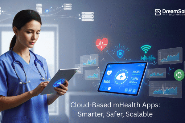Why Cloud-Based mHealth Apps Are Reshaping Healthcare And How Consulting Makes It Work Healthcare professional using a cloud-based mHealth app on a tablet with visible health data, cloud icons, and digital interface in a hospital setting