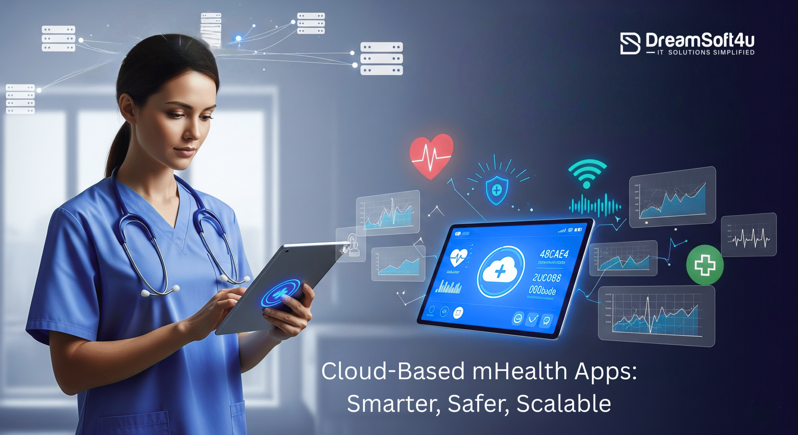 Healthcare professional using a cloud-based mHealth app on a tablet with visible health data, cloud icons, and digital interface in a hospital setting