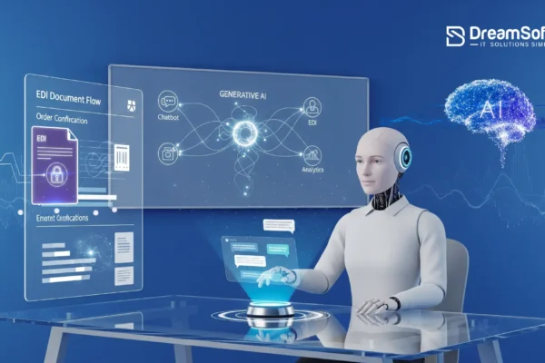 Building Domain-Specific AI Agents for EDI: Why Off-the-Shelf Chatbots Fail in Regulated Industries Illustration of a domain-specific AI agent integrating with EDI systems in a regulated industry environment