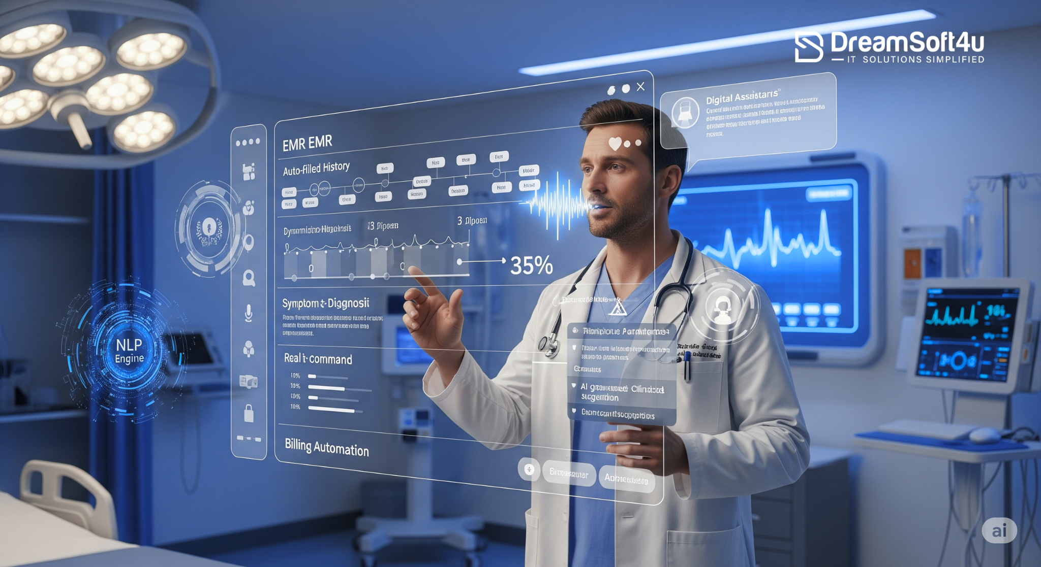 Doctor interacting with an generative AI-powered EMR interface using voice commands and real-time data panels in a futuristic clinical setting.